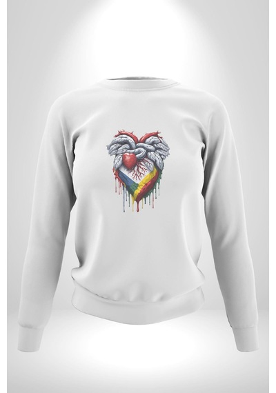 Kalp Damar Renkli Boyalı Unisex Beyaz Baskılı Sweatshirt Beyaz