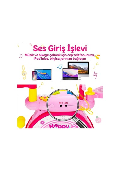 Bateri Seti Piyanolu Işıklı - Mikrofonlu, Tabureli Ve Mp3 Bağlantılı Çocuk Müzik Eğitim Seti