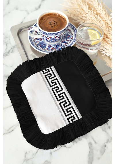 Yunan Motifli Saçaklı Kahve Yanı Servis Peçetesi - Geometrik Lüks Modern Siyah Beyaz Sunum Mendili Çok Renkli