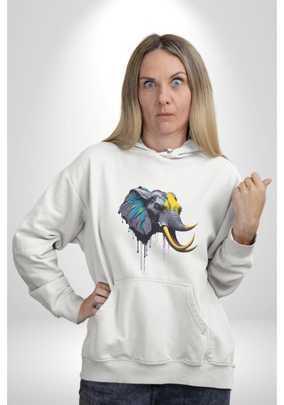 Renkli Fil Kafası Kadın Erkek Beyaz Kapüşonlu Sweatshirt Hoodie Beyaz