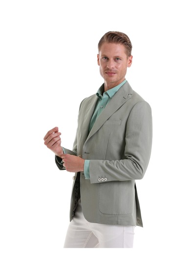 Hatemoğlu A.yeşil Slim Fit Düz Mono Yaka Casual Keten Ceket Yeşil