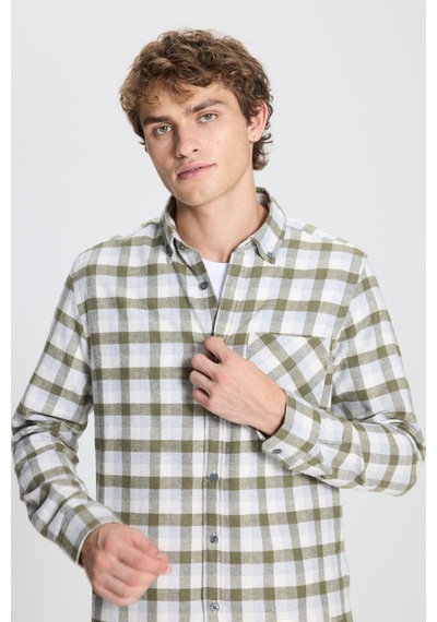 AC&Co / Altınyıldız Classics Erkek Hakı-grı Slim Fit Dar Kesim Düğmeli Yaka Kareli Gömlek Haki - Gri