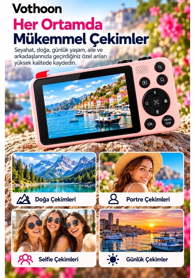 4k Dijital Fotoğraf Makinesi 18x Dijital Zoom 64 Mp Ön Ve Arka Ekranlı Kompakt Kamera Pembe