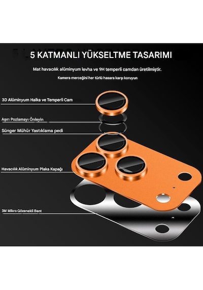 Apple Uyumlu iPhone 17 Pro Max Tek Parça Tam Kapatan Metal Temperli Kamera Lens Koruyucu Turuncu