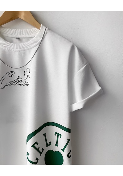 Çocuk Erkek Boston Celtic Oversize Baskılı Pamuklu Bisiklet Yaka Beyaz