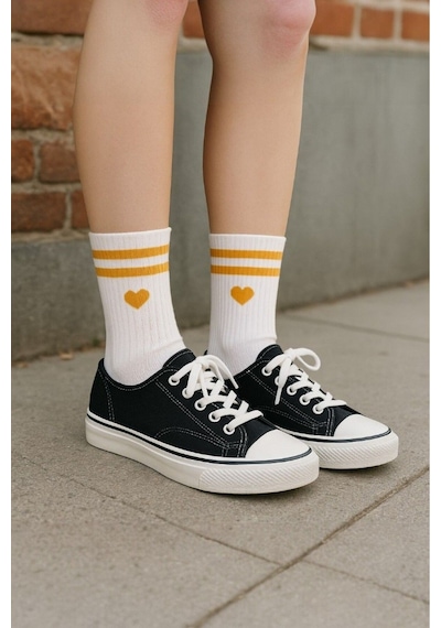 Hitit Socks Kadın 5 Çift Premium Kalite Çizgili Kalp İşlemeli Tenis Soket ASORTİ