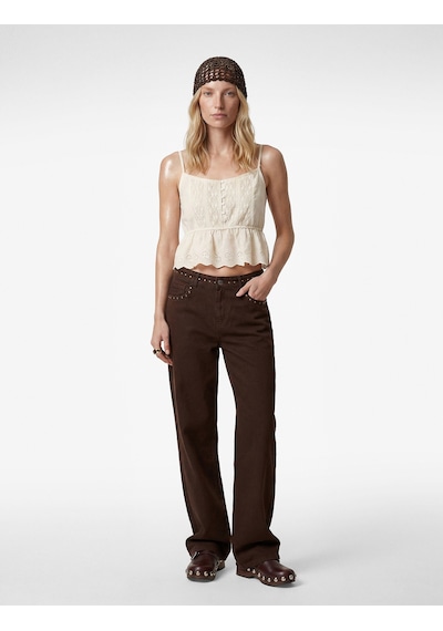 Koton Pamuklu Dantelli Brodeli İp Askılı Crop Bluz Ekru 6sak30026uw