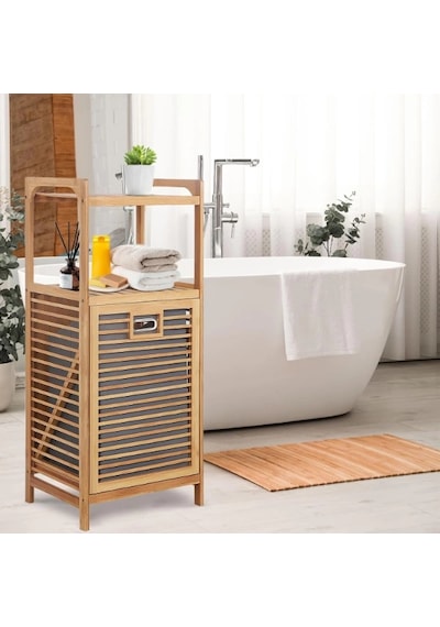 2 Organizer Raflı Ahşap Bambu Çek-aç Kirli Sepeti Renkli