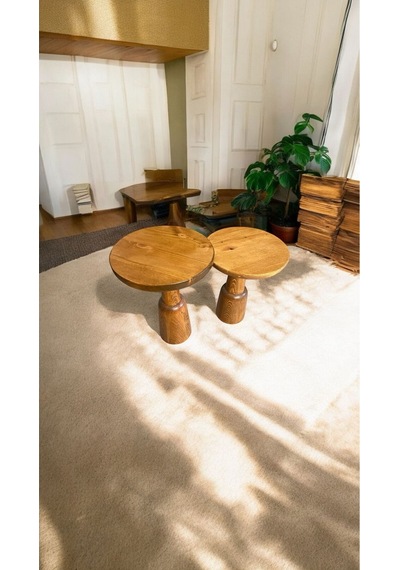 Wood Ahşap 2'li Set Mantar Yan Sehpa Modern Fiskos / Tik Ağacı Renk / Zigon Sehpa Vernikli Tik Ağacı