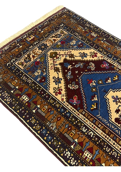 El Dokuma Sıfır Yahyalı Halısı 110x187 Kemerli Model Kök Boya %100 Yün Halı Lacivert