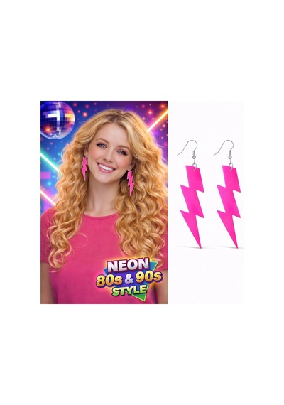 80 Ler 90'lar Retro Neon Pembe Şimşek Küpe 10 Cm Çok Renkli