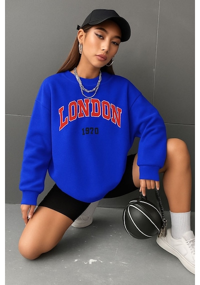 Benroma 3 İplik Penye London Baskılı Unisex Sweatshırt Saks Mavisi