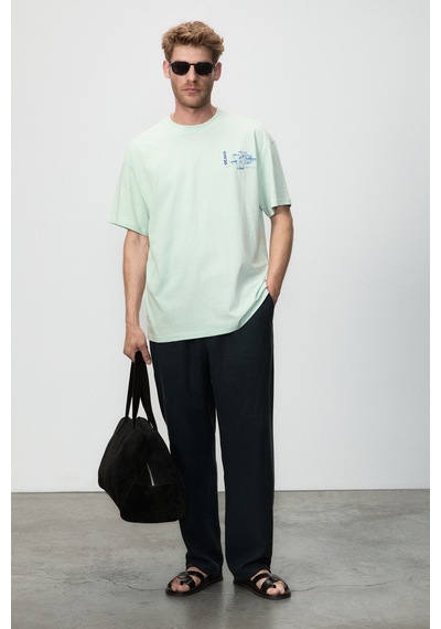 Grımelange Alonzo Erkek Oversize Fit %100 Pamuk Nakışlı Ve Baskılı Mint Yeşil T-shirt Mint Yeşili