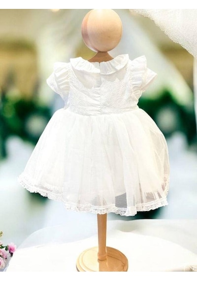 Cantoy Kız Bebek Şapka Detaylı Çiçekli Abiye Elbise-15305 Beyaz
