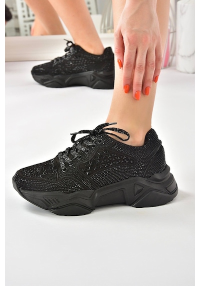 Fox Shoes Siyah Metal Taş Detaylı Kadın Spor Ayakkabı M444302814 Siyah-sim Siyah