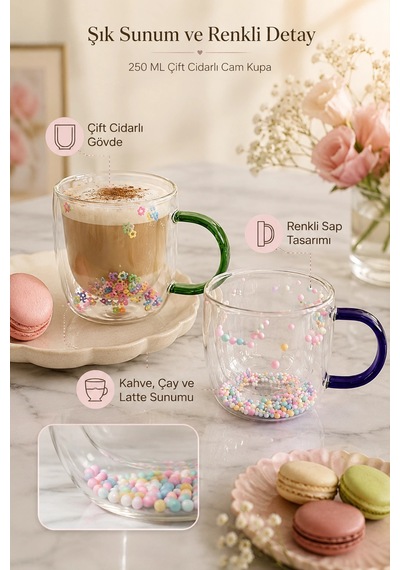 250 Ml Çift Cidarlı Cam Kupa Renkli Saplı İç Dekor Şeffaf Kahve Çay Latte Sunum Bardağı 1 Adet