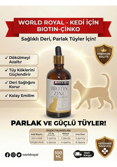 Tr World Royal Kedi Biotin & Çinko Takviyesi Tüy Ve Deri Sağlığı Tamamlayıcı Vitamin Parlak Tüy, Azalan
