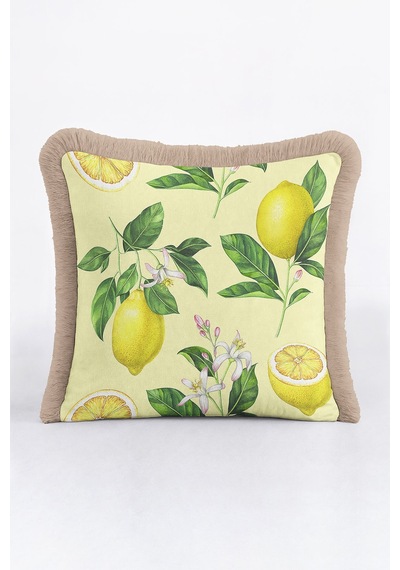 Limon Çiçeği Bahçe Saçaklı Yastık Kılıfı - Canlı Akdeniz Retro Sarı Püsküllü Kırlent Kılıfı Gün Batımı Beyaz