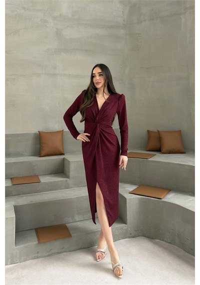 Neşeli Butik Kadın Bordo Anvelop Büzgülü Simli Premium Midi Elbise Nbelb08 Bordo