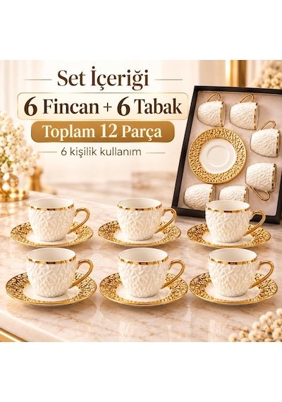 Valkyrie Şehrazat Serisi 6 Kişilik 12 Parça Kahve Fincan Takımı Kabartmalı Desenli, Altın Detaylı Beyaz Altın
