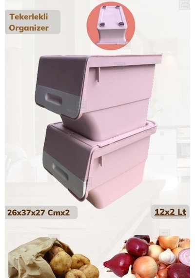 2 Li Tekerlekli Organizer Bpa Free Erzak Kutusu Sebzelik Soğanlık Oyuncaklık Pembe 24 Lt Pembe