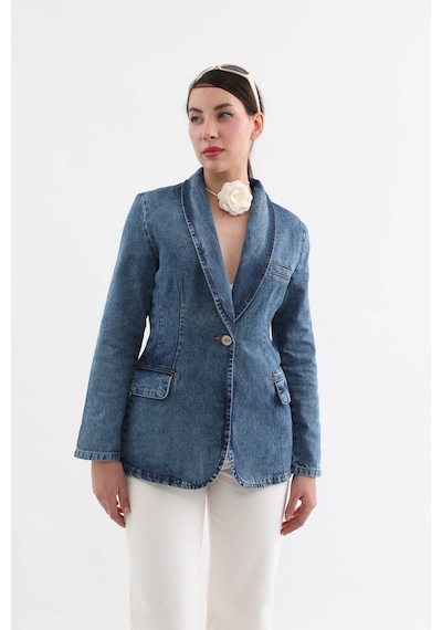 Banny Jeans Kadın Uzun Kollu Tek Düğmeli Jean Ceket Mavi Mavi Xl