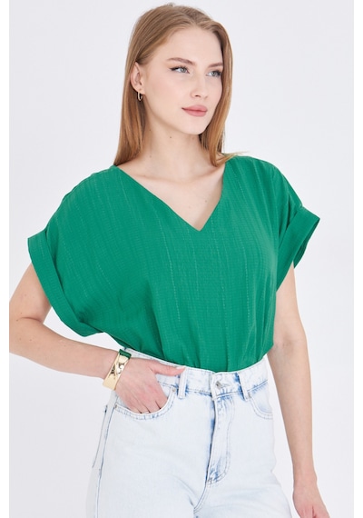 Armonika Kadın Koyu Yeşil V Yaka Yanları Yırtmaçlı Arkası Uzun Duble Kol Detaylı Oversize Bluz Arm-24y001074