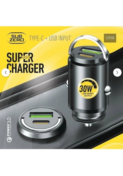 Subzero Cr98 30w 3.4a Hızlı Pd+usb Çıkışlı Metal Mini Araç Şarj Başlığı Siyah
