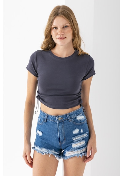 Giysa Kadın Bisiklet Yaka Yanı Stoperli Crop T-shirt Füme - 25514 Füme