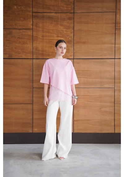 Verymoda Dantel Detaylı Asimetrik Tişört D2953 Pembe