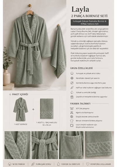 Layla Soft Unisex Bornoz Bornoz Erkek Bornoz Kadın Bornoz Hediyelik Sabahlık Çeyiz Haki