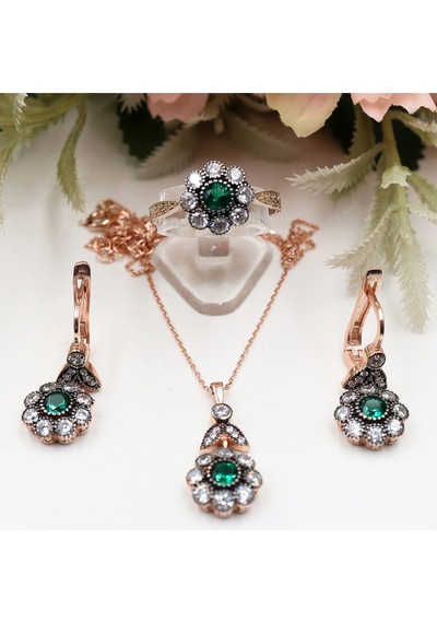 Yeşil Taşlı Papatya Model Set Rose Gold - Gümüş