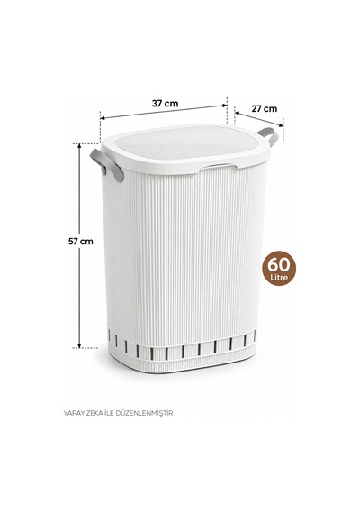Porsima 0157-1 Still Beyaz Kirli Çamaşır Sepeti 60 Lt Kapaklı, Hava Delikli, Kulplu Plastik Çamaşır Sepeti Beyaz