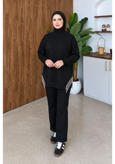 Aymiraa Kadın Püskül Detaylı Rahat Kalıp Tesettür Sweatshirt Tunik Siyah Siyah