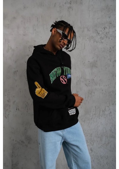Baskılı Kapüşonlu Sweatshirt - Siyah - Siyah