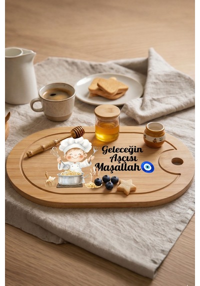 Sevimli Aşçı Çocuk Temalı Kişiye Özel İsimli Bebek Kahvaltı Tepsisi Figür 2
