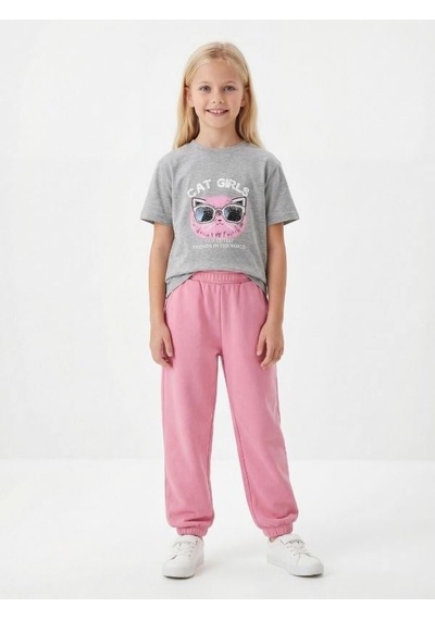 Zekids Kız Çocuk Cat Girls Baskılı T-shirt-17186 Gri