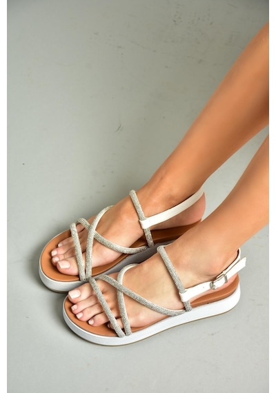 Fox Shoes S314002409 Beyaz Taş Detaylı Kadın Sandalet Beyaz
