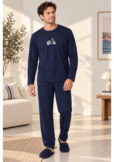 Free Beka Erkek Nakışlı Lacivert Uzun Kollu Penye Kumaş Mevsimlik Pijama Takımı Çok Renkli