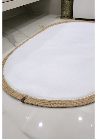 Kaymaz Taban Puffy Peluş Ultra Yumuşak 50x70 Cm Bordürlü Şık Tasarım, Suya Dayanıklı Banyo Paspası Beyaz-bej