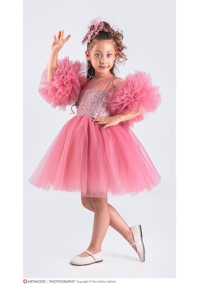 Ponpon Tak Çıkarlı Kız Çocuk 4 Parça Elbise - 3/10 Yaş - 31535 Pudra Pembe