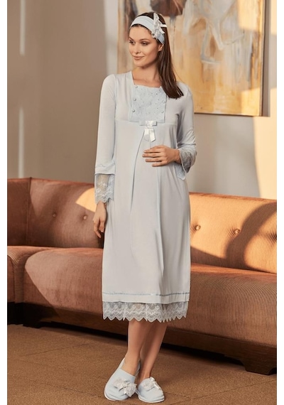 Mecit Pijama Mecit 5209 Mavi Dantel Kol Detaylı Hamile Lohusa Gecelik