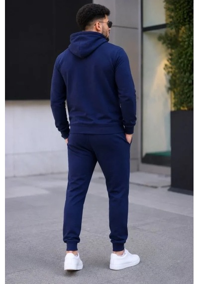Defymoda Erkek İki İplik Kapüşonlu Kanguru Cepli Sweatshirt Jogger Pantolon Alt Üst Eşofman Takımı - Lacivert