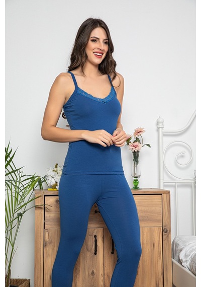 Myben Kadın Saks Renkli Dantel Detaylı Şortlu Ve Taytlı Pijama Takımı 3'lü Set 75001 Saks