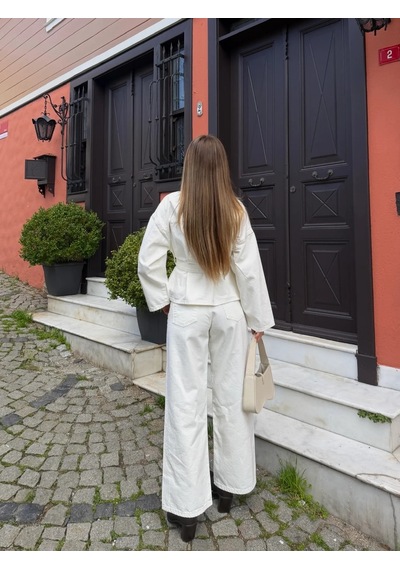 Kahverengi Yıkamalı Bağlamalı Denim Ceket Pantolon Takım
