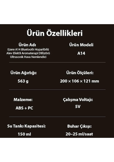 Ezere A14 Bluetooth Hoparlörlü Alev Efektli 8 Sesli Renkli Alev Görünümlü Aromaterapi Difüzörü Ultrasonik Hava Siyah Orkide