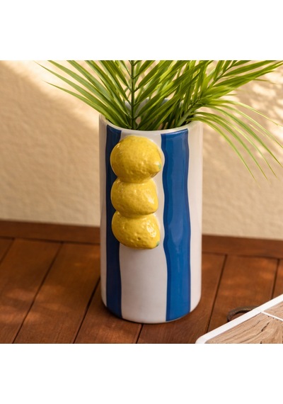 Deco Çizgili Limon Vazo - Mavi / Krem- 23x11 Cm Çok Renkli