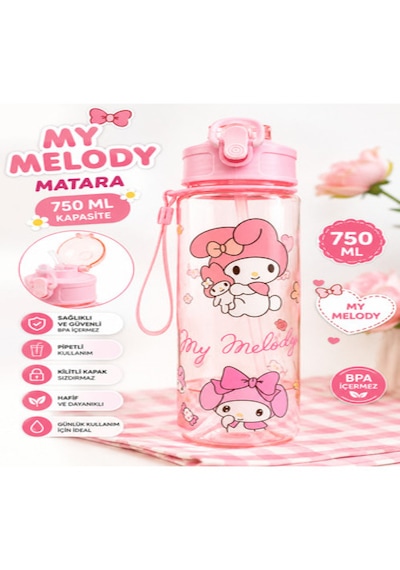 Fenomen My Melody Pipetli Matara 750 Ml Büyük Boy Askı Aparatlı Çantanın En Şirin Eşyası My Melody pembe