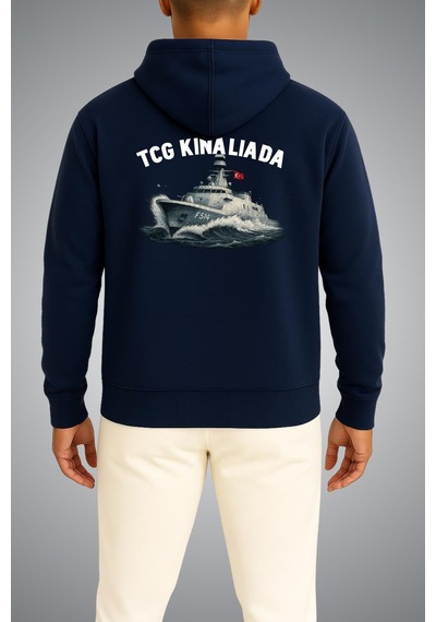 Bahriyeli Collection Kapüşonlu Tcg Kınalıada Dalgalar Arası Temalı Cep Ve Sırt Baskılı Unisex Sweatshirt Lacivert
