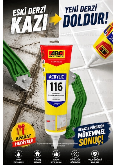 Abc Derz Dolgusu 350 Gr + Derz Kazıma Aparatı Hediyeli Beyaz Akrilik Fayans Derz Tamir Ve Yenileme